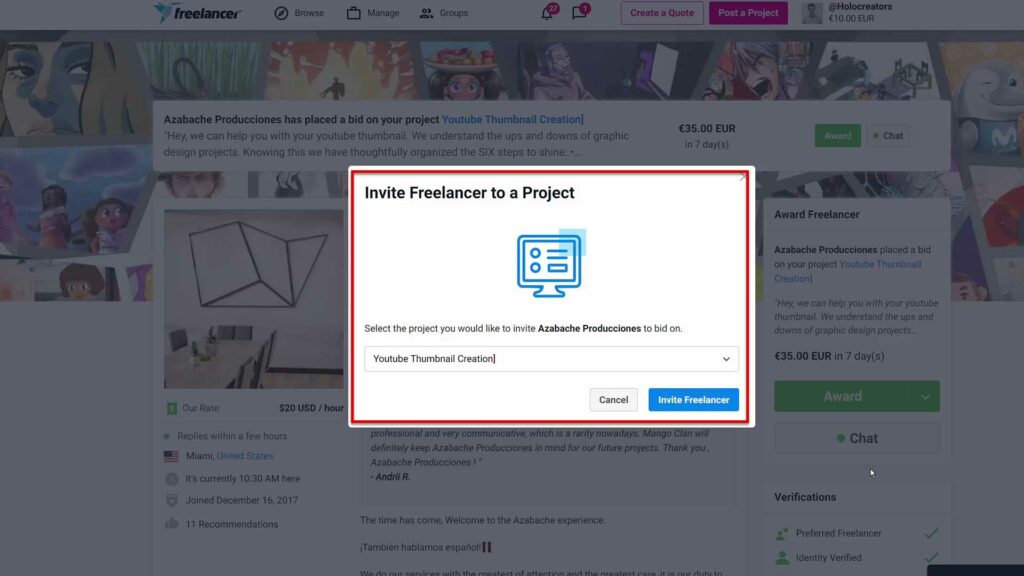 Invite Freelancer to Project on Freelancer.com Invite Freelancer to Project Window with dropdown menu on freelancer.com
