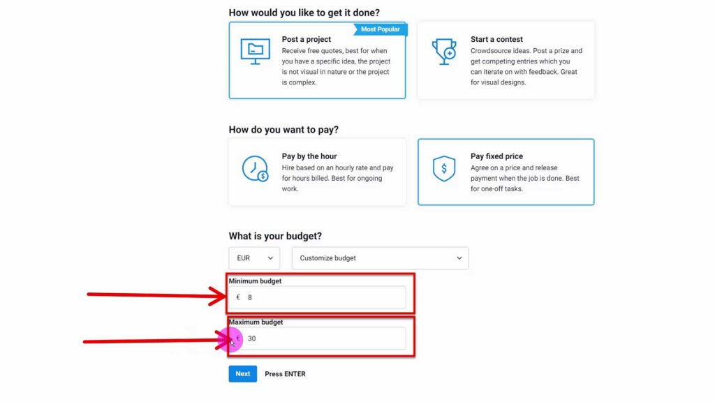 Minimum and Maximum budget text box on Feelancer.com Two text boxes to define minimum and maximum project budget on freelancer.com