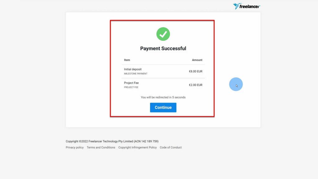 Payment successful window on Freelancer.com Payment successful window with green checkmark on freelancer.com