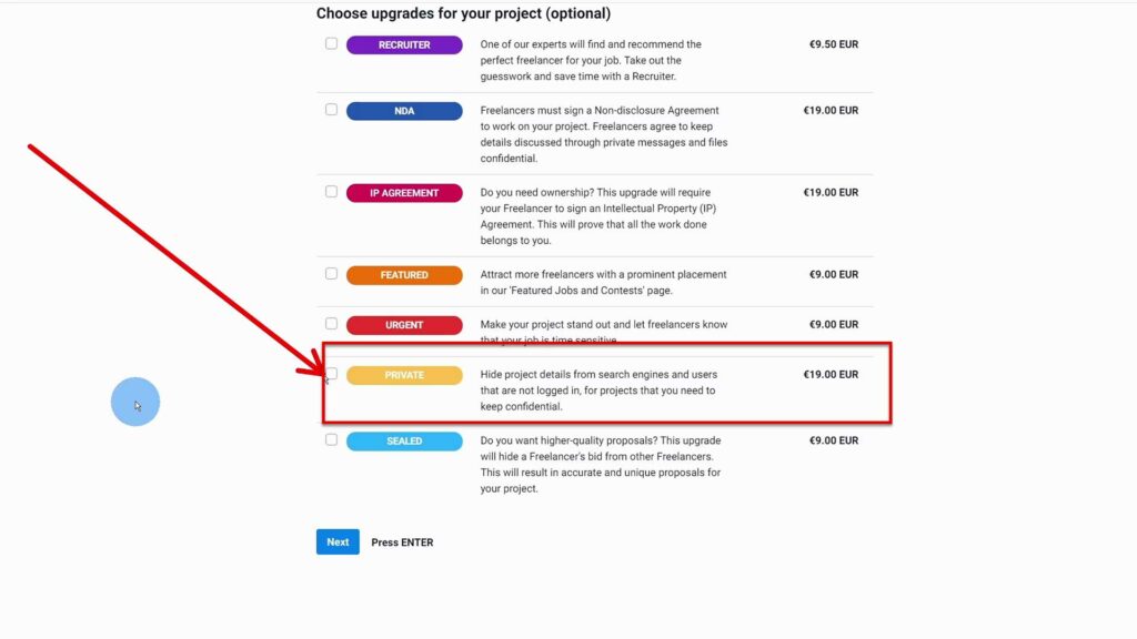 Private project upgrade on Freelancer.com Private project Upgrade Checkbox on freelancer.com