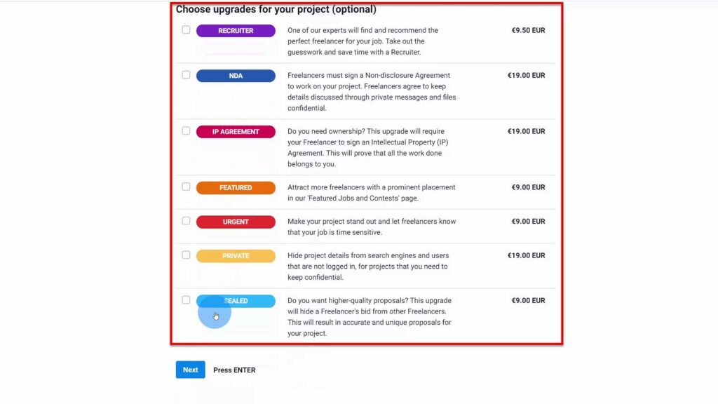 Checkboxes with Upgrades on Freelancer.com Optional Project Upgrades at the bottom of the project-creation-page on freelancer.com