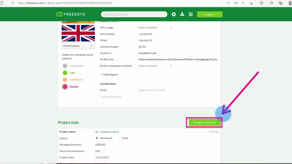 Assign freelancers to your project Assign The Project button below the freelancer detail page assigns a freelancer to your project