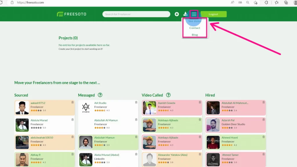 Hamburger menu for additional features Hamburger menu provides access to a quick tour on how to use Freesoto, Blog, and Contact Us feature