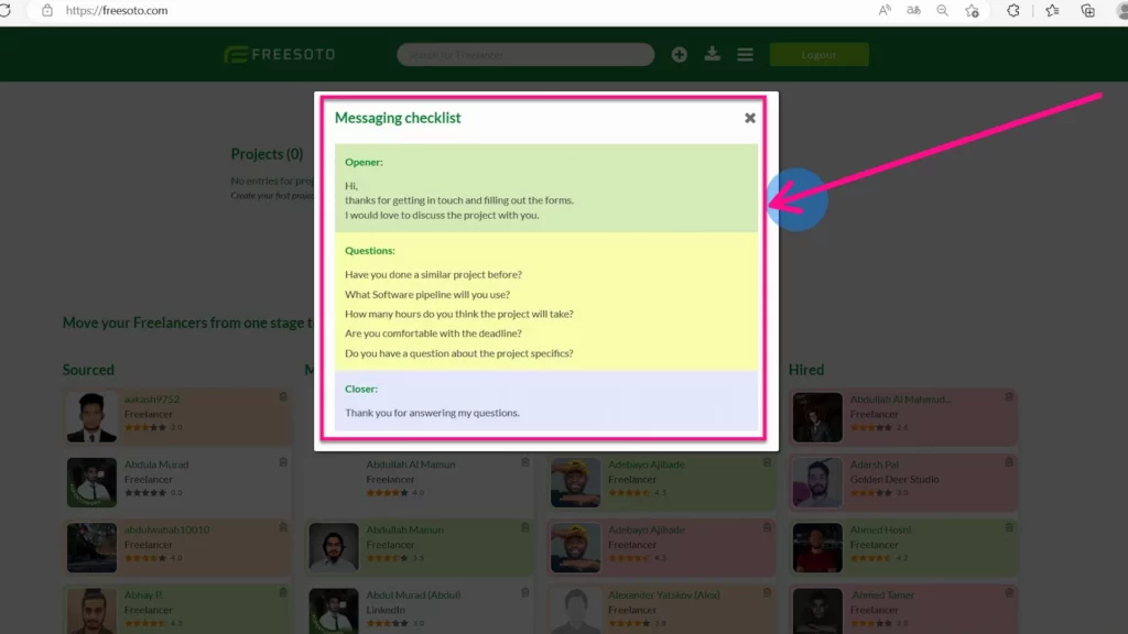 Conversation starters can help you communicate with freelancers When clicked, question marks display conversation starters and suggested questions to help when messaging freelancers