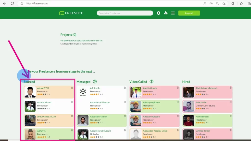 Freelancer cards are automatically generated in Sourced column Freelancer cards inside the Sourced column contain all the data freelancers provided about themselves by when answering application questions