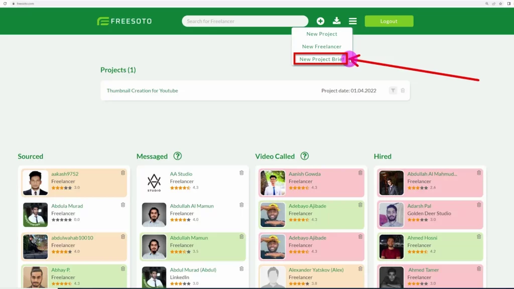 Select New Project Brief New Project Brief can be selected from a drop-down menu in the top navigation bar