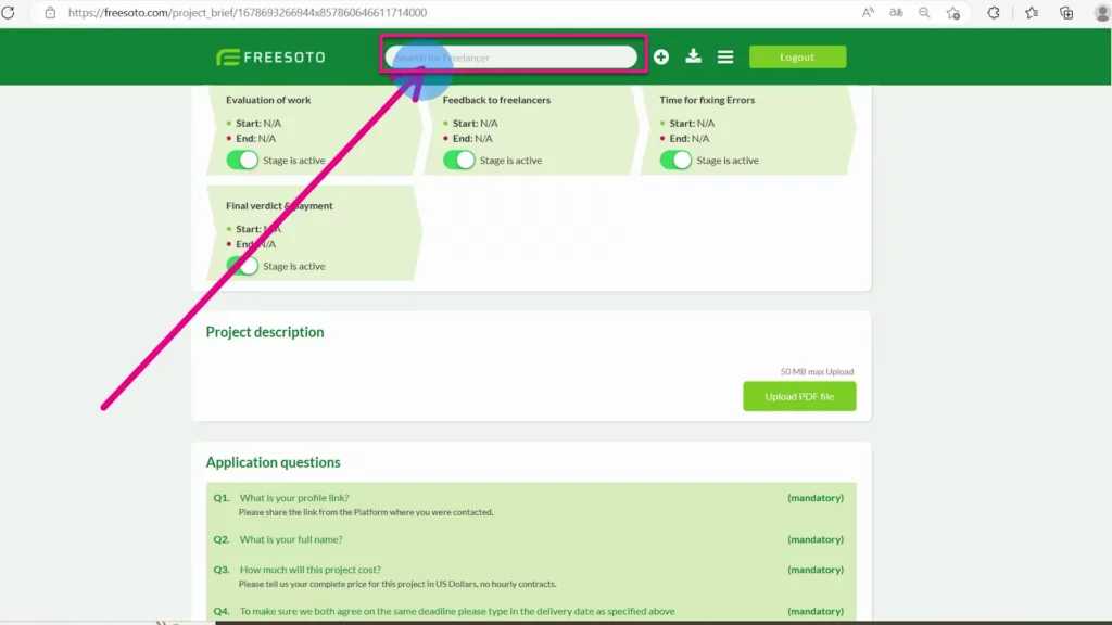 Search freelancers by name or skill Search feature enables you to find freelancers by their name or skill