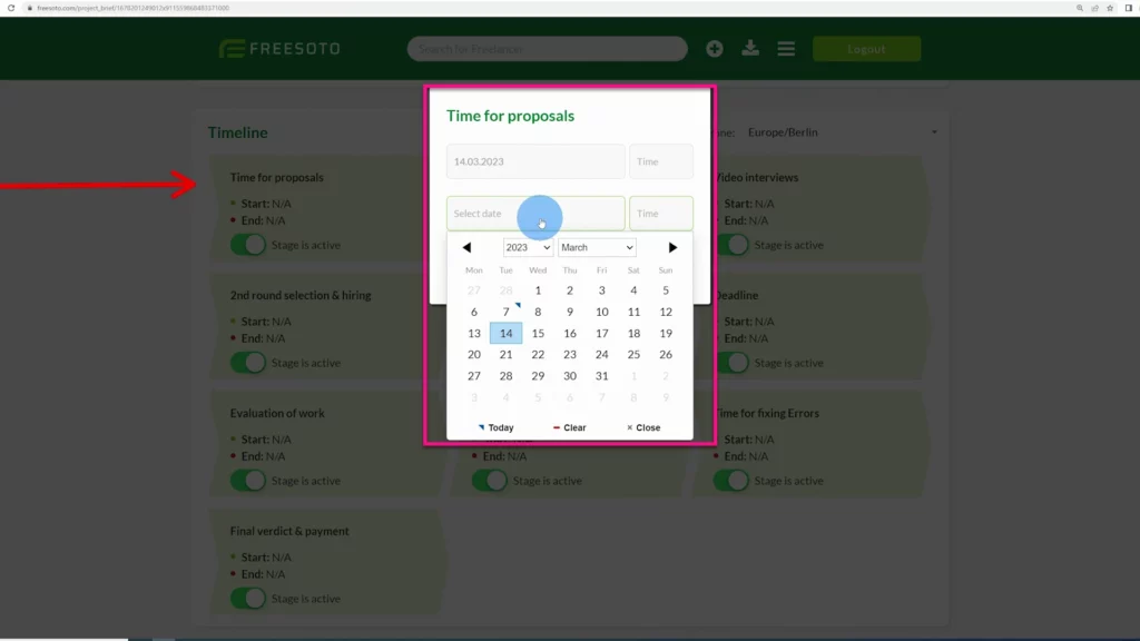 Determine the start and end of the project The option to select the date picker to determine the start and the end of the project