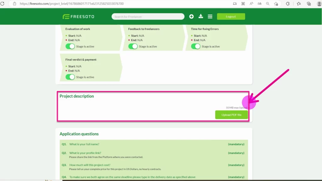 Upload a PDF file with the project description Upload PDF File button to upload a PDF file with the project description to share it with freelancers