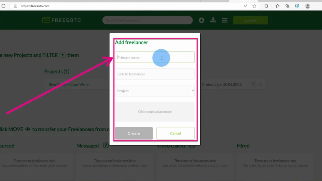 Add the freelancer's name, their platform, and click Create button A place where you can add a freelancer's name, platform, and project and create a freelancer card by clicking the Create button