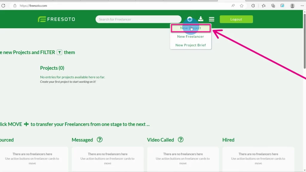 Click the Plus sign (+) to add a new project When you click the Plus sign (+) button at the top of the navigation bar, a dropdown menu appears and you can select New project