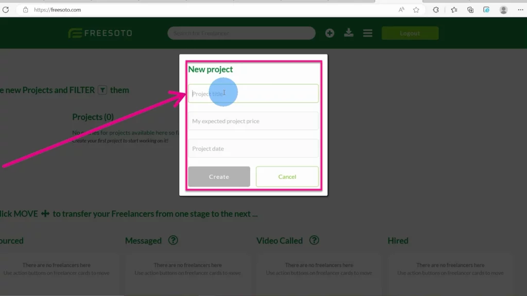 Enter a project name, date, and budget A place where you can create a new project by clicking the Create button after adding the project's name, date, and budget