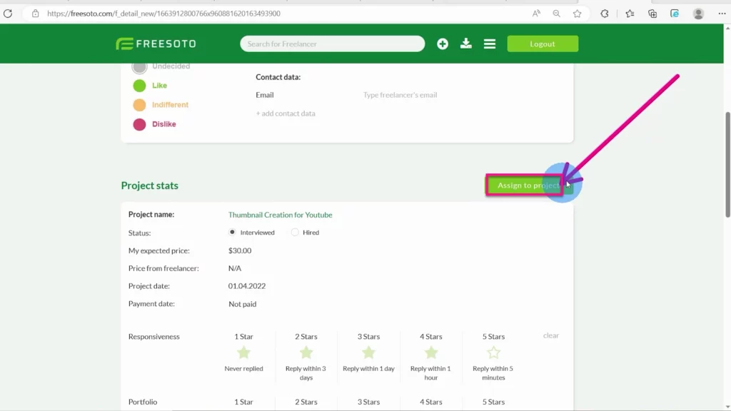Assign the freelancer to your project In the middle of the detailed freelancer page, on the right side, you can click Assign to Project button to assign a freelancer to a specific project