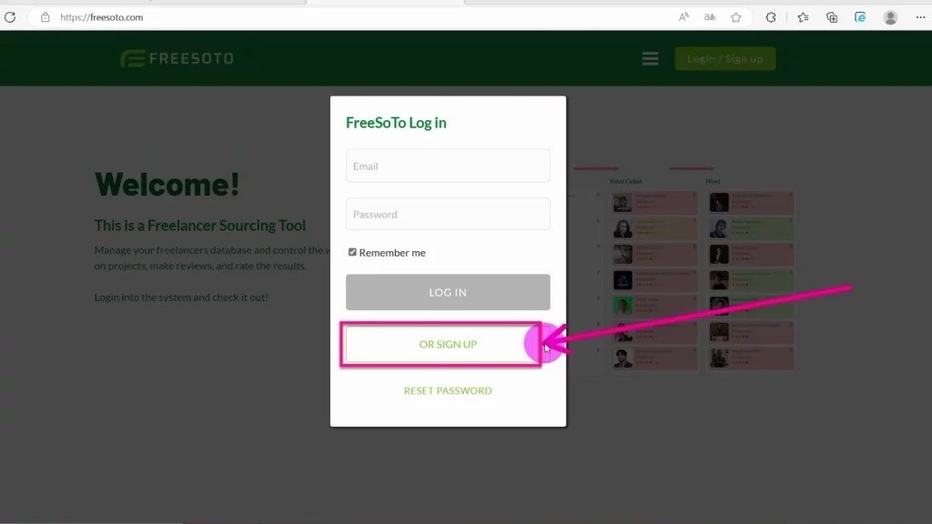 Click Or sign up Click the Or sign up button to create an account on Freesoto