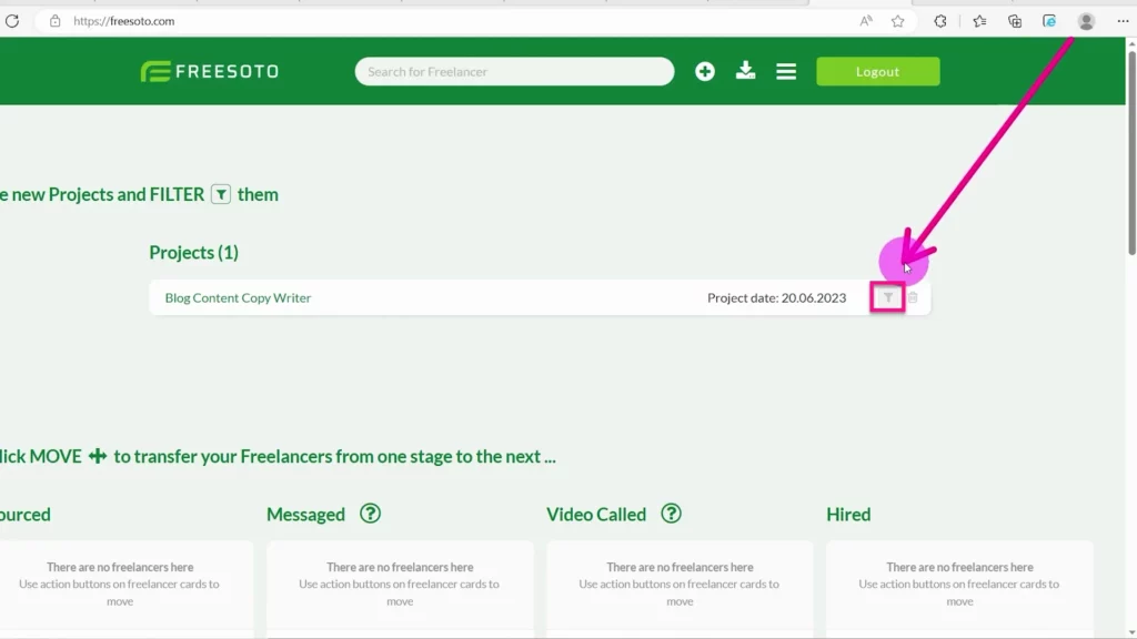 Filter button to show a specific project A filter button that filters through all projects and shows only the freelancers assigned to a specific project