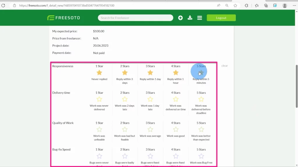 1-to-5 star ratings with explanations after hiring the freelancer On this page, the ratings are explained and a freelancer can be rated with 1 to 5 stars