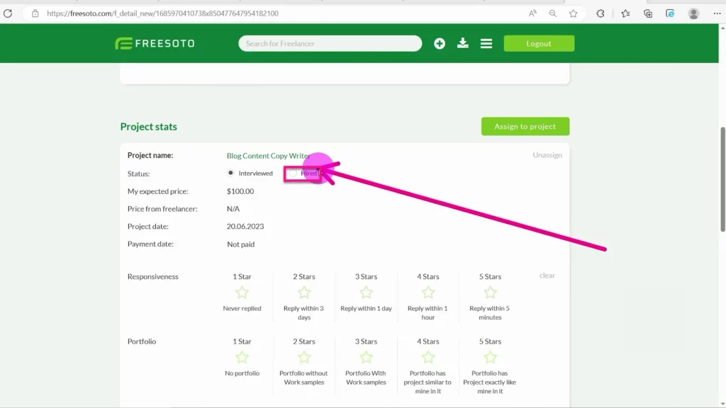 Click the switch button to rate freelancers in the hiring process There is a toggle button you can click and go from Interviewed to Hired and rate freelancer's work after hiring