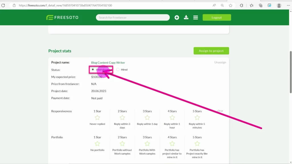 Rate freelancers during the interview By clicking freelancer card, a freelancer's detailed page opens up and you can rate a freelancer during the interview