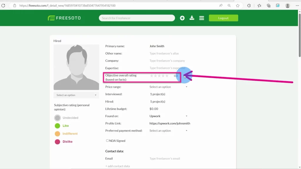 Freesoto calculates an Objective Overall Rating A place on a freelancer's detailed page where an average rating, calculated by Freesoto, appears