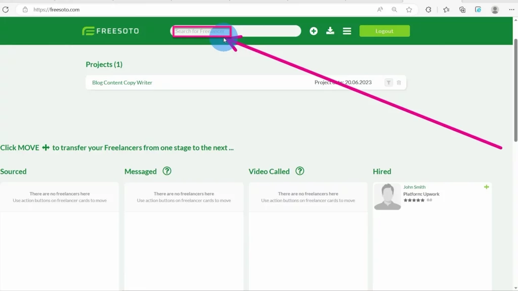 Search freelancers' names or specific skills Search bar at the top of the navigation menu enables you to search for freelancer's names and specific skills