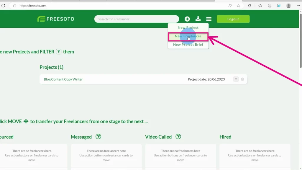 Click on the Plus sign (+) to select New Freelancer When you click the Plus sign (+) button at the top of the navigation bar, a dropdown menu appears and you can select New freelancer