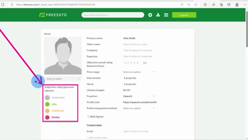 Subjective rating based on personal opinion Below the image of the freelancer, there is a place to rate the freelancer based on your personal opinion