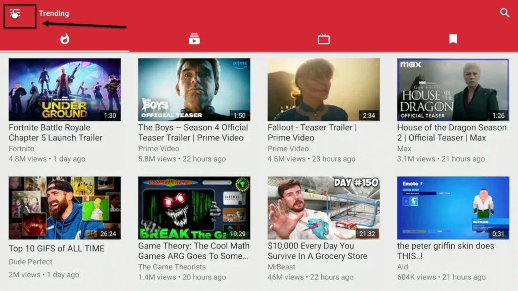 Burger Button on the NewPipe's Main Page Burger button in the top left corner of NewPipe's main page