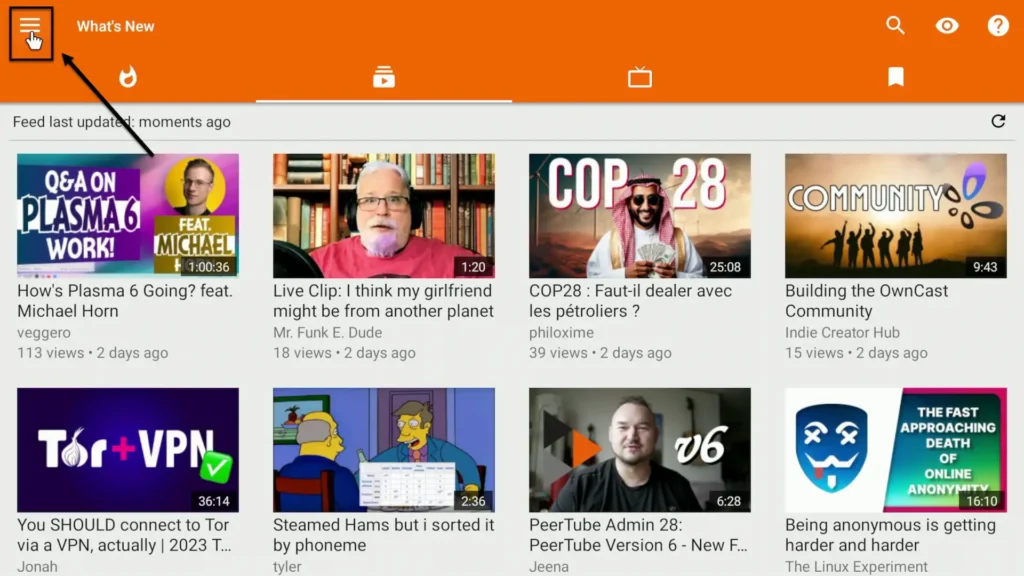 Burger Button on What's New Page Burger button at the top left corner of the What's New PeerTube page