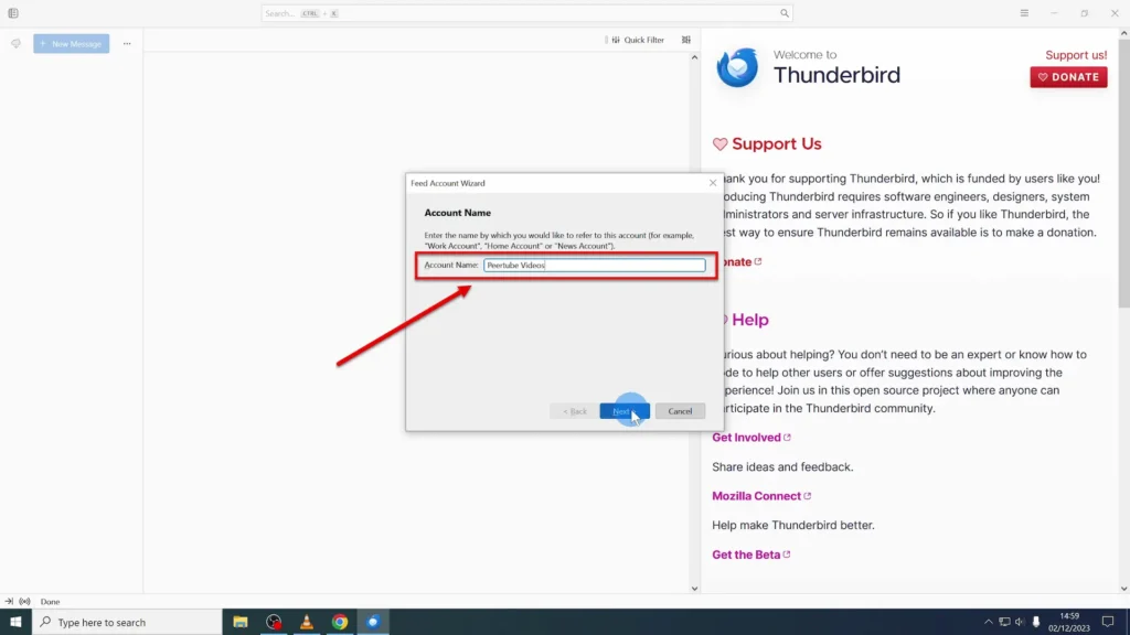 Enter the Name of the New Account Feed Account Wizard window where you can enter the new account name