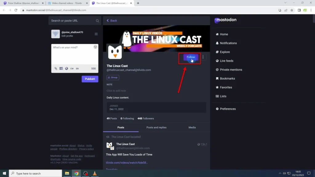 Follow Button on Mastodon Follow button at the top right corner of the page you want to follow on Mastodon