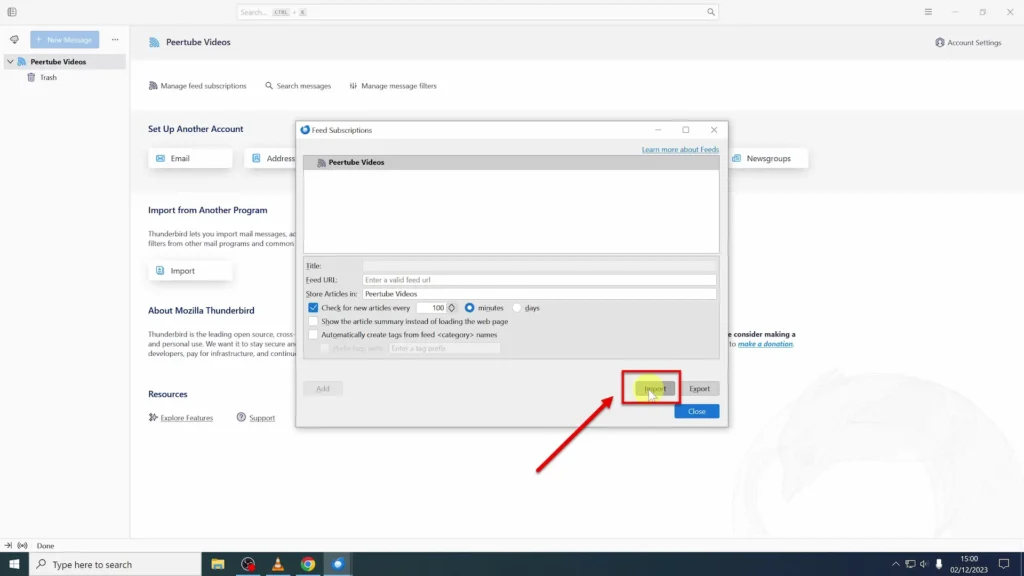 Import Button on the New Subscriptions Window Clicking Import button at the bottom right corner of the opened Feed Subscription window
