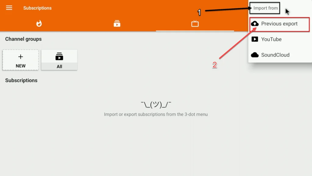 Click Import from and select Previous export Drop down manu at the top right corner where you can click Import from and Previous export