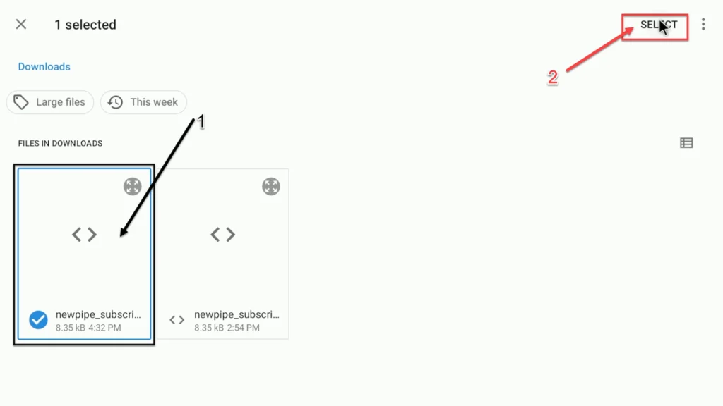 Choosing File to Import by Clicking the Select Button Files in the Downloads to choose from and import by clicking the Select button at the top right corner