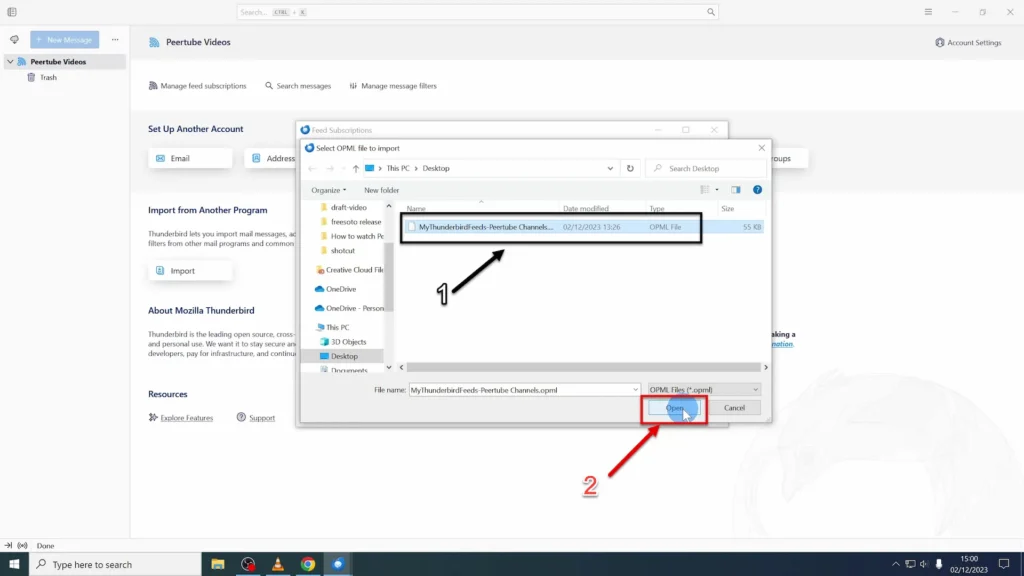 Opening the Selected OPML file Selecting the OPML file and clicking Open to import it