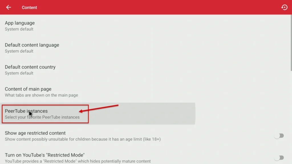 PeerTube Instances Button to Select Your Favorite Instances PeerTube instances button on the Content page for selecting favorite instances
