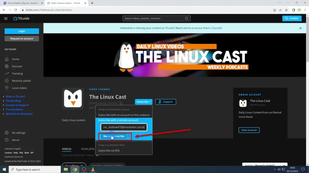 Remote Subscribe Button Remote subscribe button and a place to paste Mastodon handle on the channel you want to subscribe to