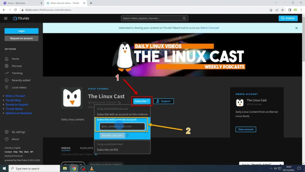 Subscribing to the Channel with Mastodon Handle A place to enter Mastodon handle that opens after clicking the Subscribe button