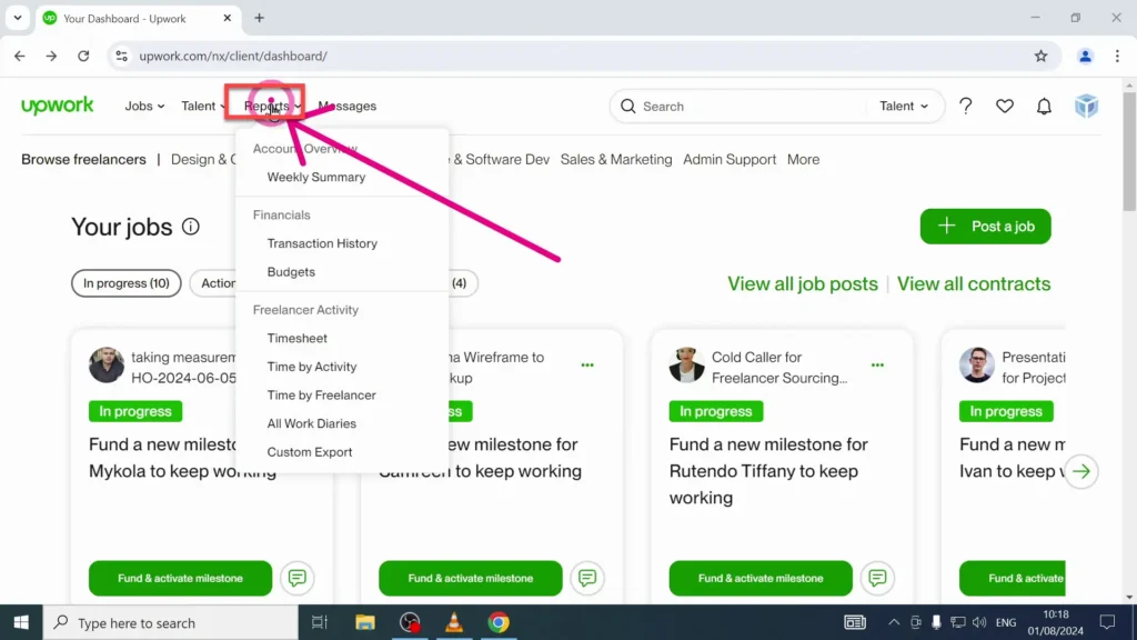 Reports Button on Upwork Dashboard Reports button on the Upwork dashboard which shows financial reports and transactions