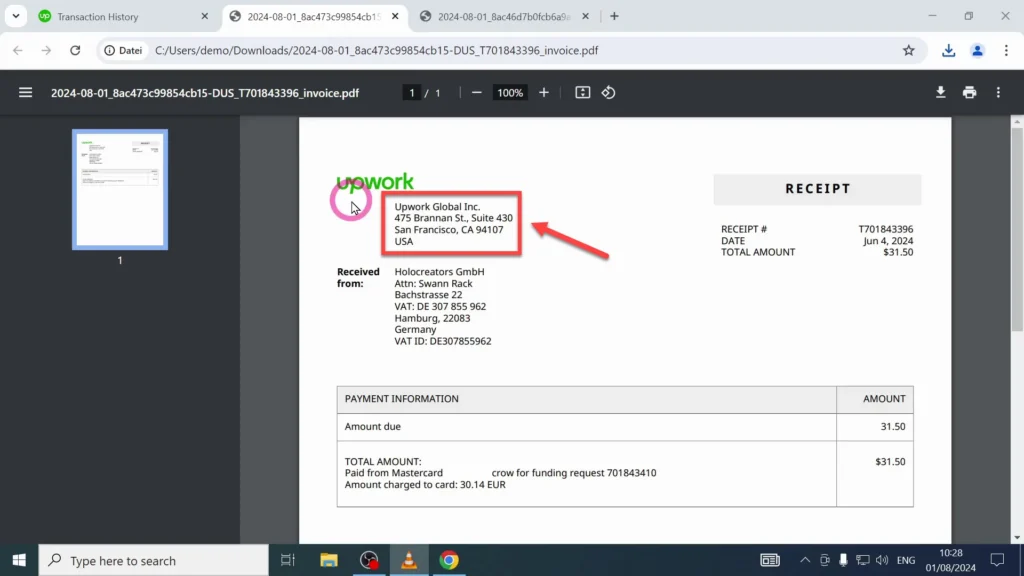 The Upwork Address on the Invoice The official address of Upwork which appears on receipts and invoices