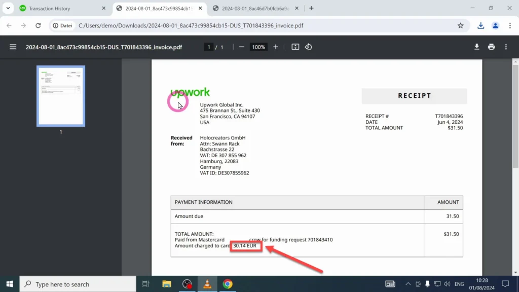 Total Amount Charged to Your Credit Card The final amount charged to your credit card for a specific transaction