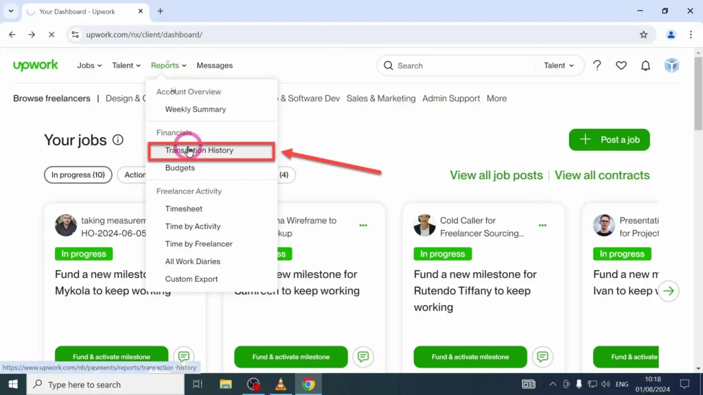Transaction History in the Reports Dropdown Menu Clickable Transaction History option in the Reports dropdown menu