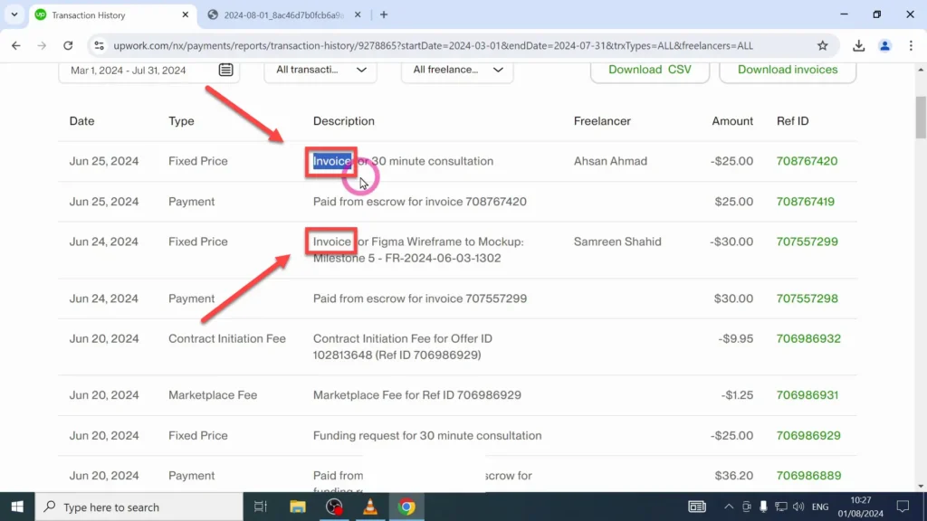 Invoices on the Transaction History Page A list of invoices visible within the Transaction History page
