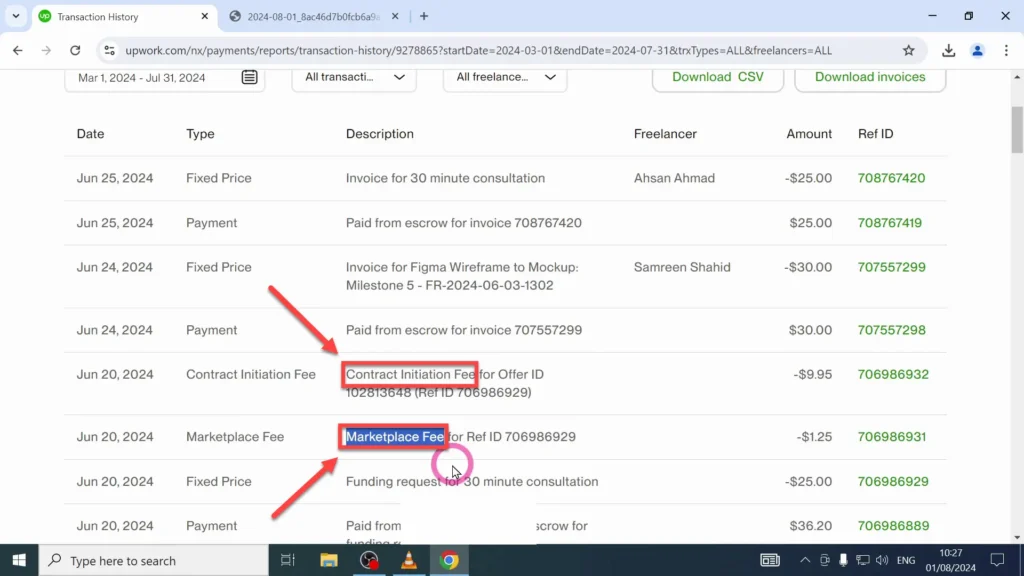 The Upwork Market and Initiation Fees Market and initiation fees charged by Upwork visible within the Transaction History page