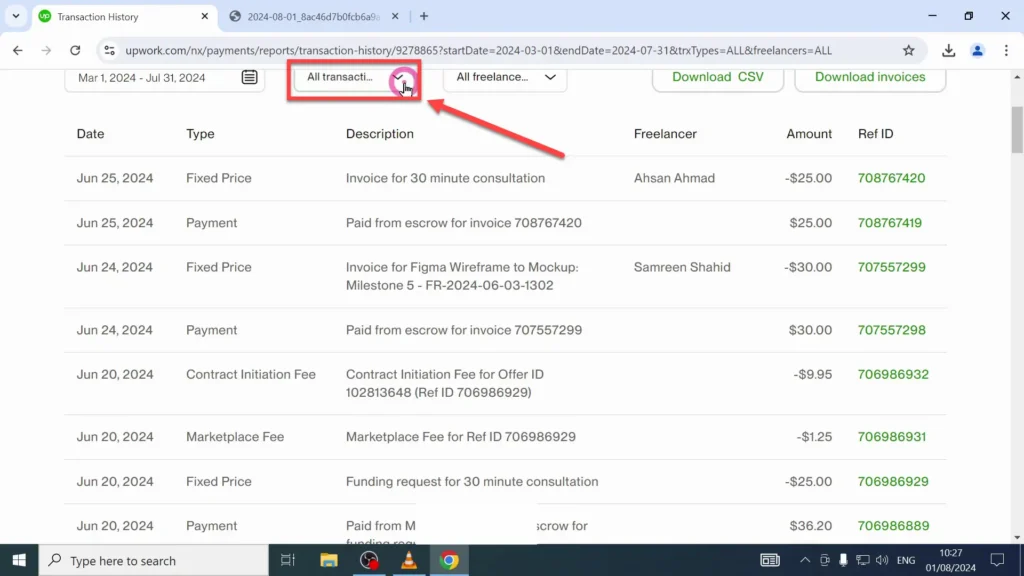 All Transactions Dropdown Menu A menu where you can filter and view all transactions made on Upwork