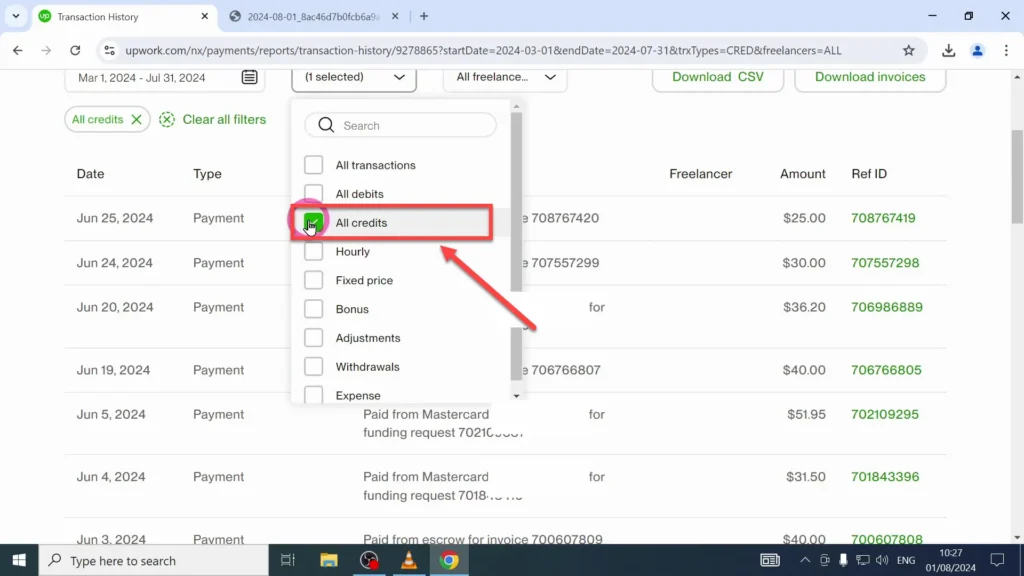 All Credits Option in Dropdown Menu A specific filter option in the dropdown menu that shows only credit transactions