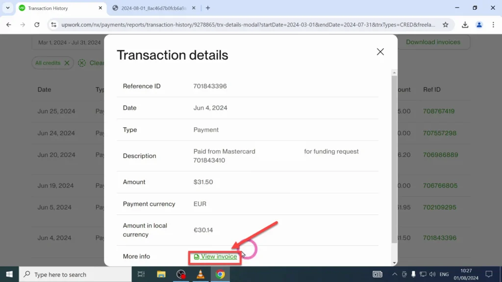 View Invoice Link on Transaction Details Page View Invoice link on Transaction Details page displaying the full breakdown of the payment