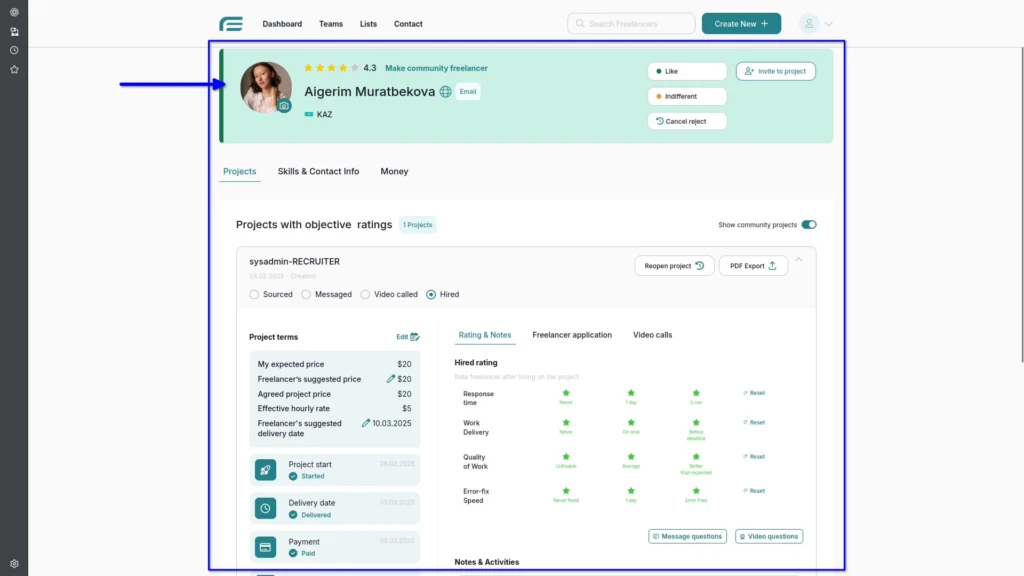 Detailed view showing recruiter profiles with experience and ratings