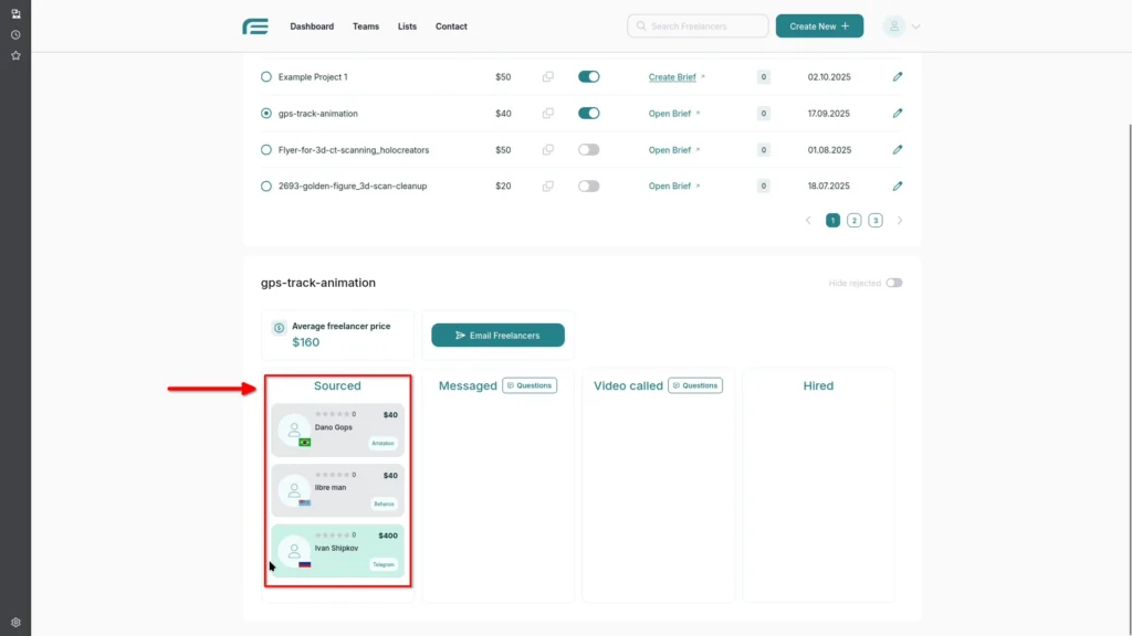 Kanban board displaying freelancers in the Sourced column after they’ve applied