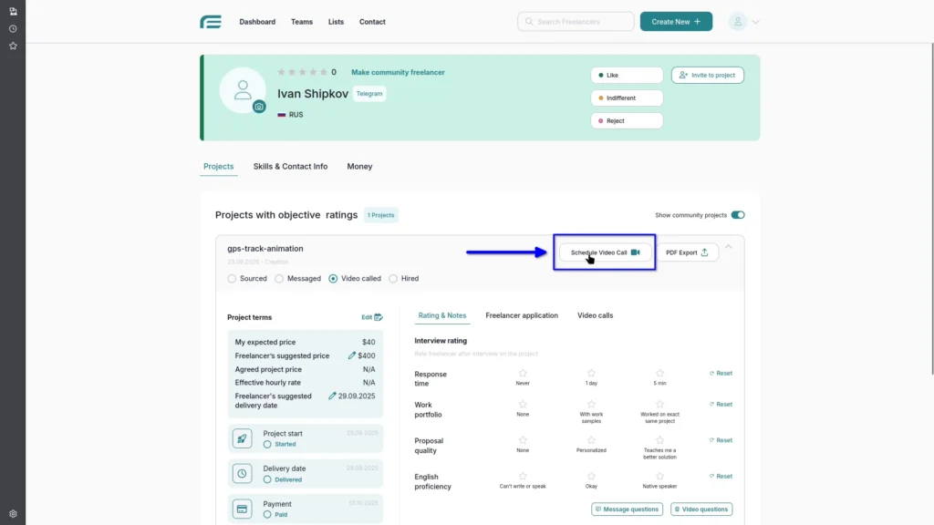 The Schedule Video Call button for arranging interviews with freelancers inside Freesoto