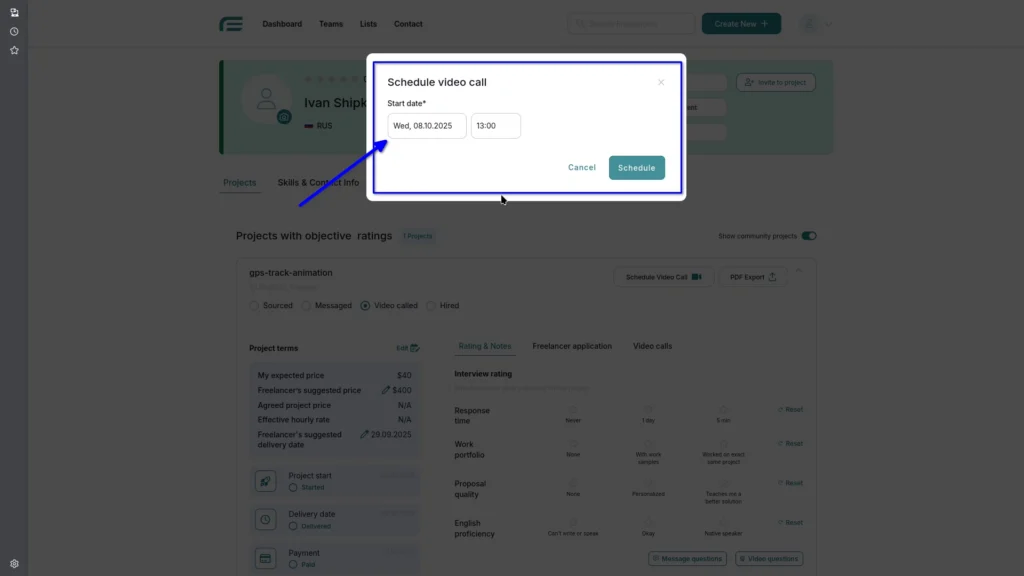 A pop-up window for selecting date and time of the video call with a freelancer